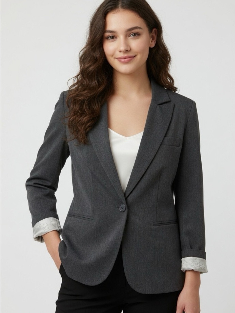 Maurices Gray Single Button Blazer with Foldable White Lined Cuffs